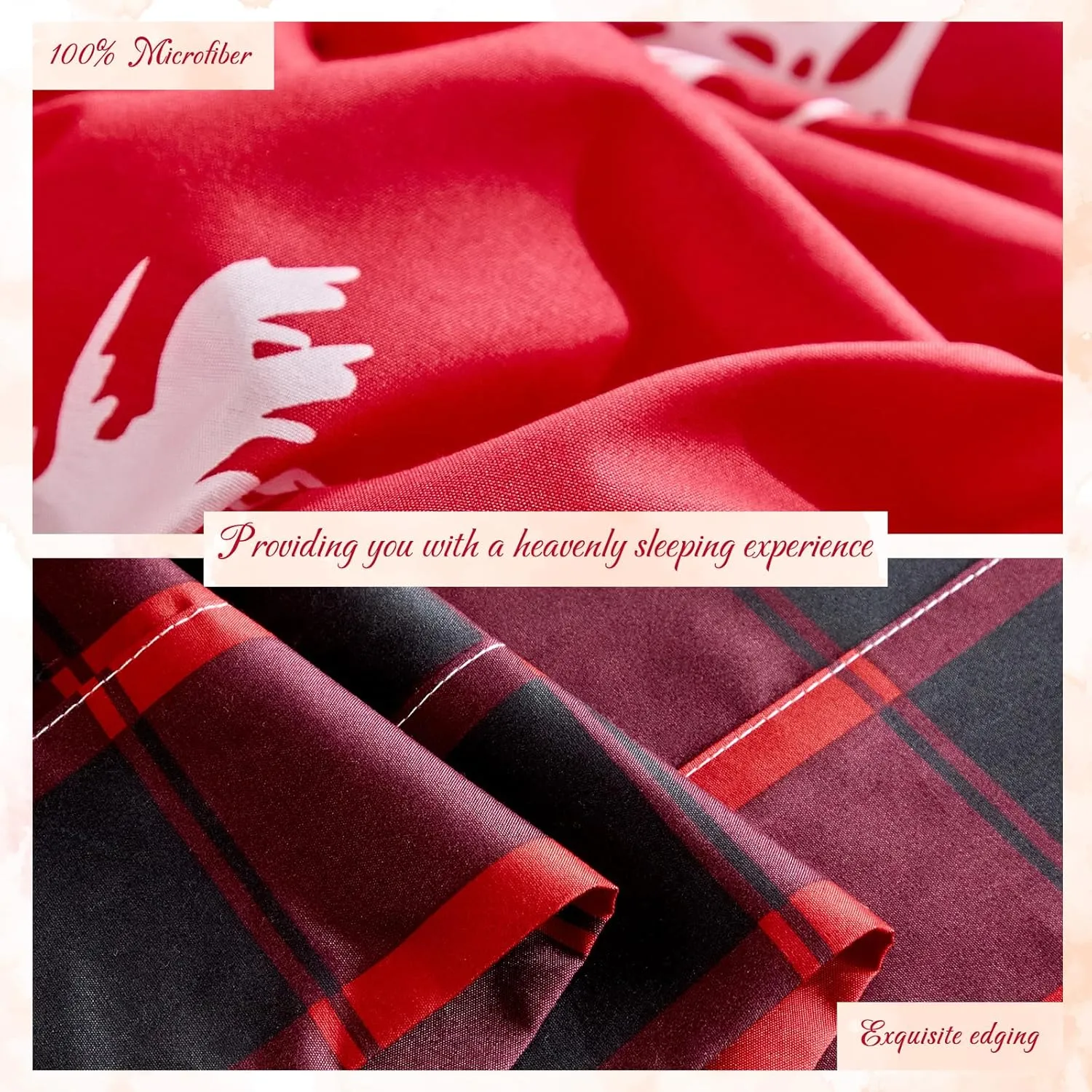 Christmas Bed in a Bag 7 Pcs Queen Size, White Deer Snowflake and Xmas Tree on Red Bedding Comforter Set Warm for Winter(1 Comforter, 1 Flat Sheet, 1 Fitted Sheet, 2 Pillow Shams, 2 Pillowcases)