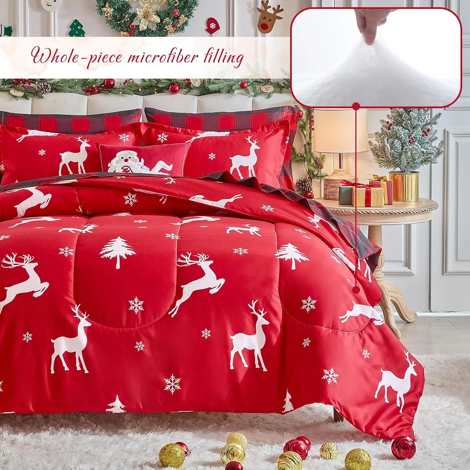 Christmas Bed in a Bag 7 Pcs Queen Size, White Deer Snowflake and Xmas Tree on Red Bedding Comforter Set Warm for Winter(1 Comforter, 1 Flat Sheet, 1 Fitted Sheet, 2 Pillow Shams, 2 Pillowcases)