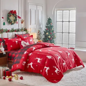 Christmas Bed in a Bag 7 Pcs Queen Size, White Deer Snowflake and Xmas Tree on Red Bedding Comforter Set Warm for Winter(1 Comforter, 1 Flat Sheet, 1 Fitted Sheet, 2 Pillow Shams, 2 Pillowcases)