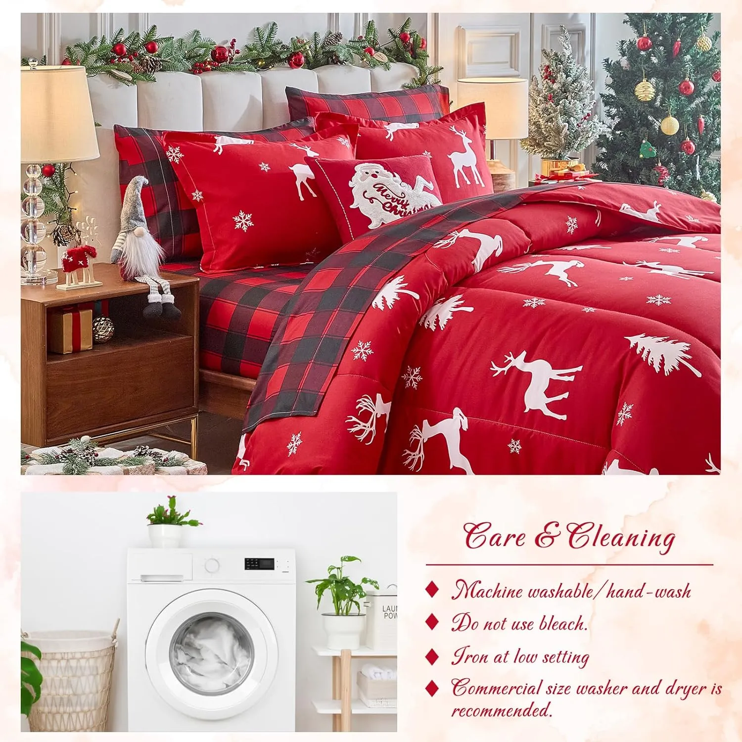 Christmas Bed in a Bag 7 Pcs Queen Size, White Deer Snowflake and Xmas Tree on Red Bedding Comforter Set Warm for Winter(1 Comforter, 1 Flat Sheet, 1 Fitted Sheet, 2 Pillow Shams, 2 Pillowcases)