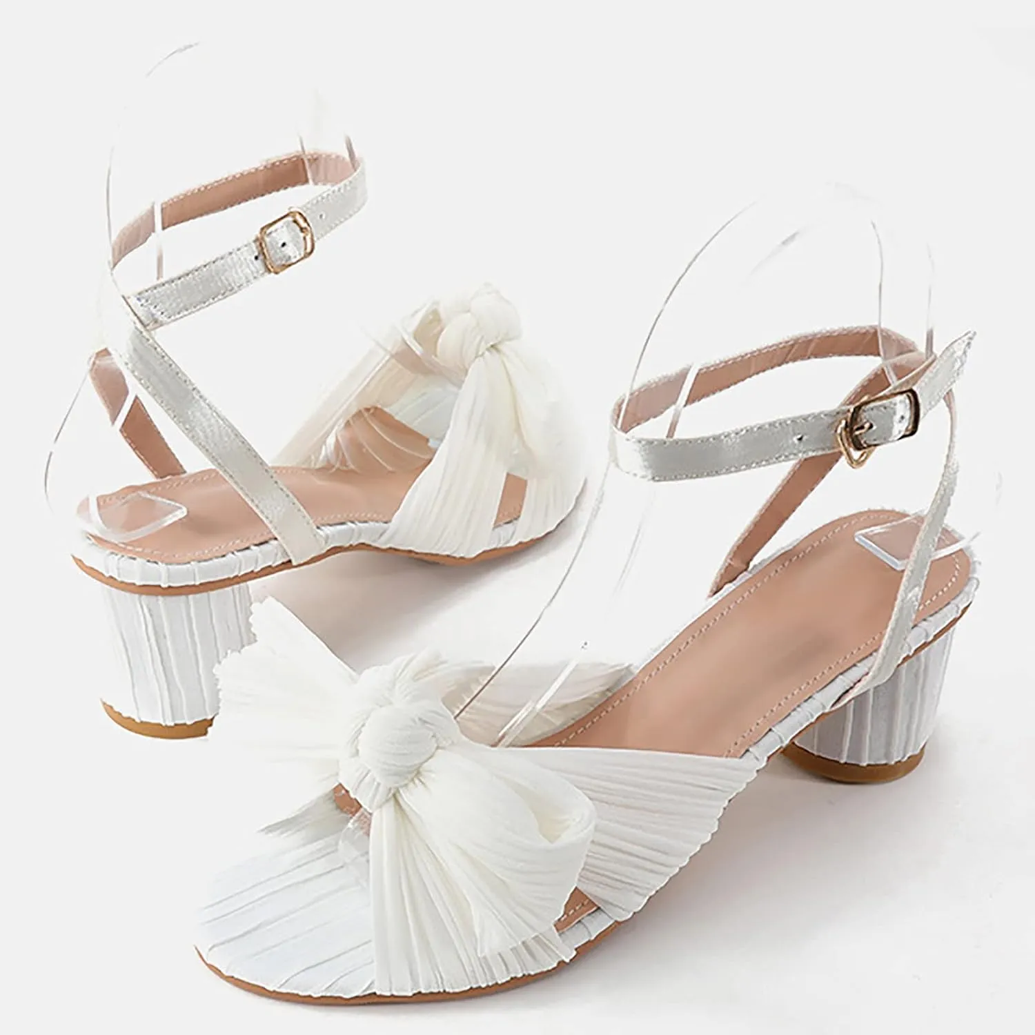 Chunky Heels Women's Bow Knot Sandals Open-Toe Cute Heels Comfort Wedding Bridal Shoes Party Shoes with Ankle Strap