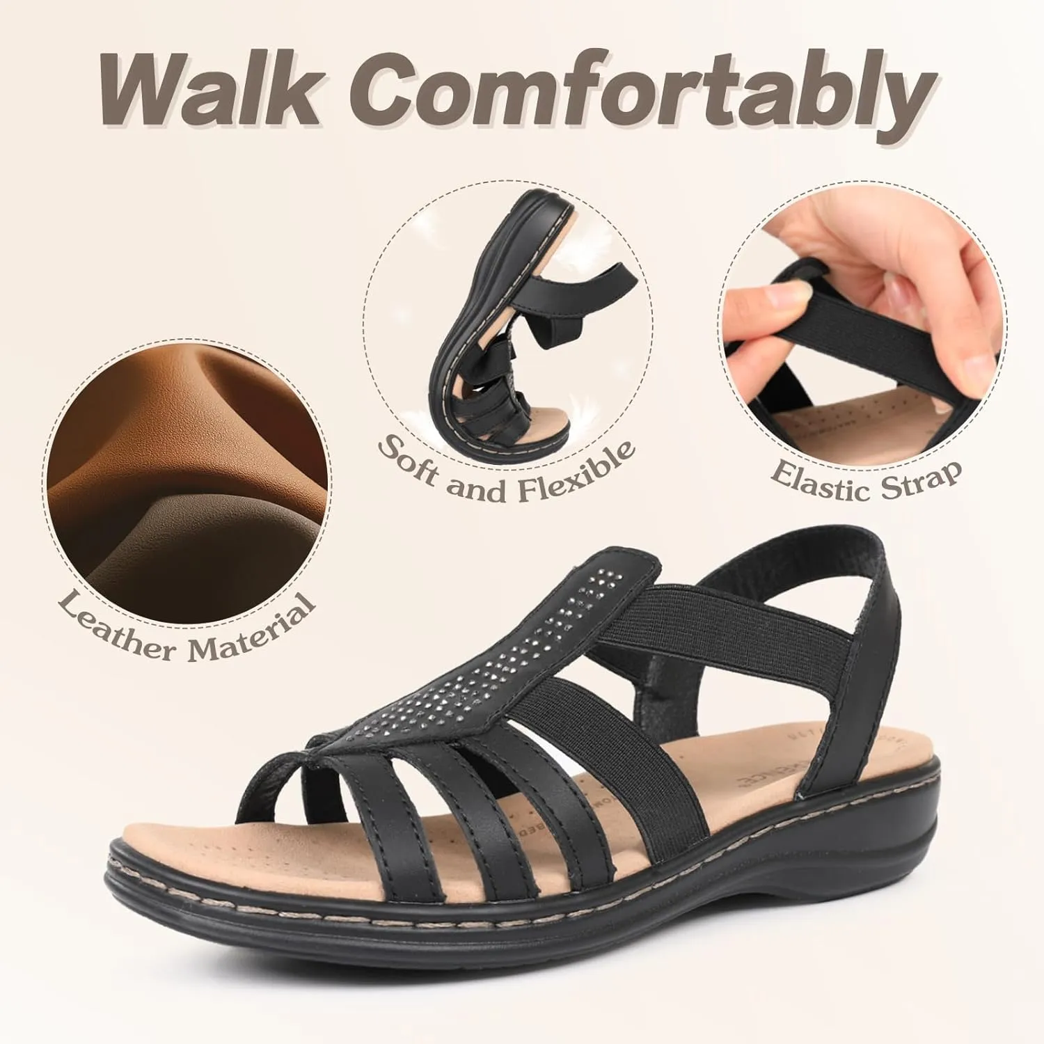 CIOR Leather Women Sandals with Arch Support, Comfortable Memory Foam Summer Beach Sandals Shoes