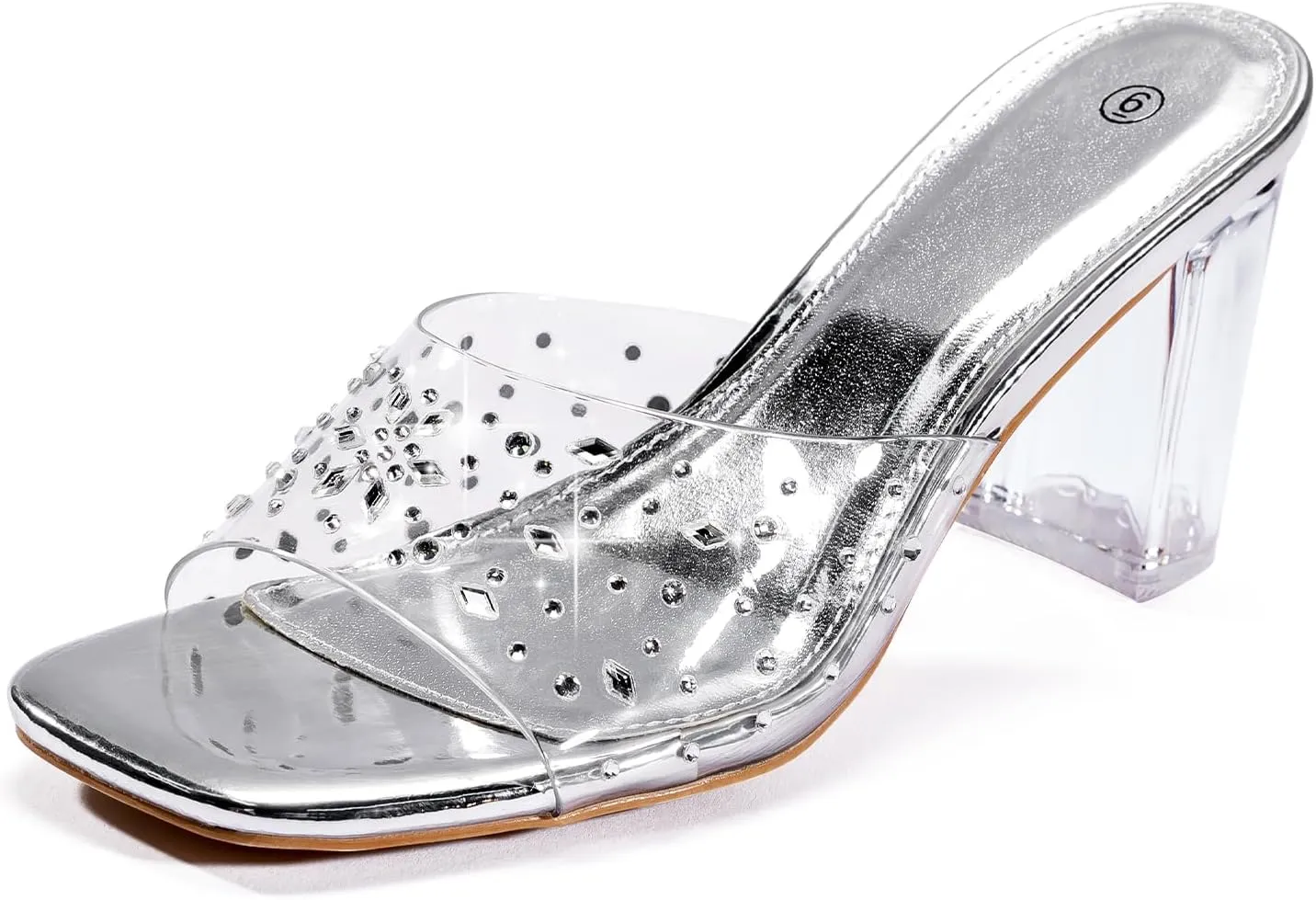 Clear Heels for Women Transparent Rhinestone Strap Block Chunky Square Heel Sandals Open Toe Slip On Sandals