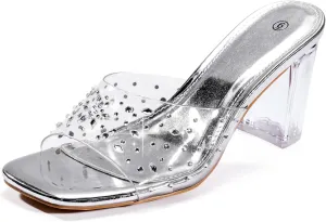 Clear Heels for Women Transparent Rhinestone Strap Block Chunky Square Heel Sandals Open Toe Slip On Sandals