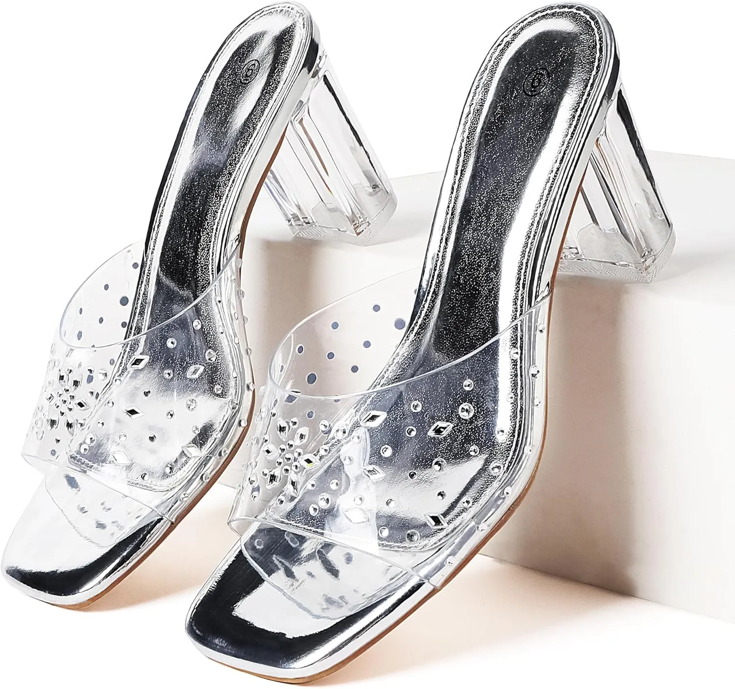Clear Heels for Women Transparent Rhinestone Strap Block Chunky Square Heel Sandals Open Toe Slip On Sandals