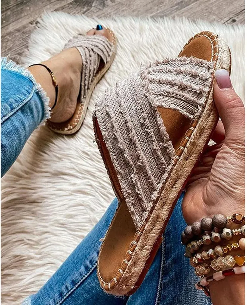CLEO ESPADRILLE SLIDES, Cleo Cross Sandals-Flat-bottomed Textile cross upper Rubber Espadrille sole Sandals