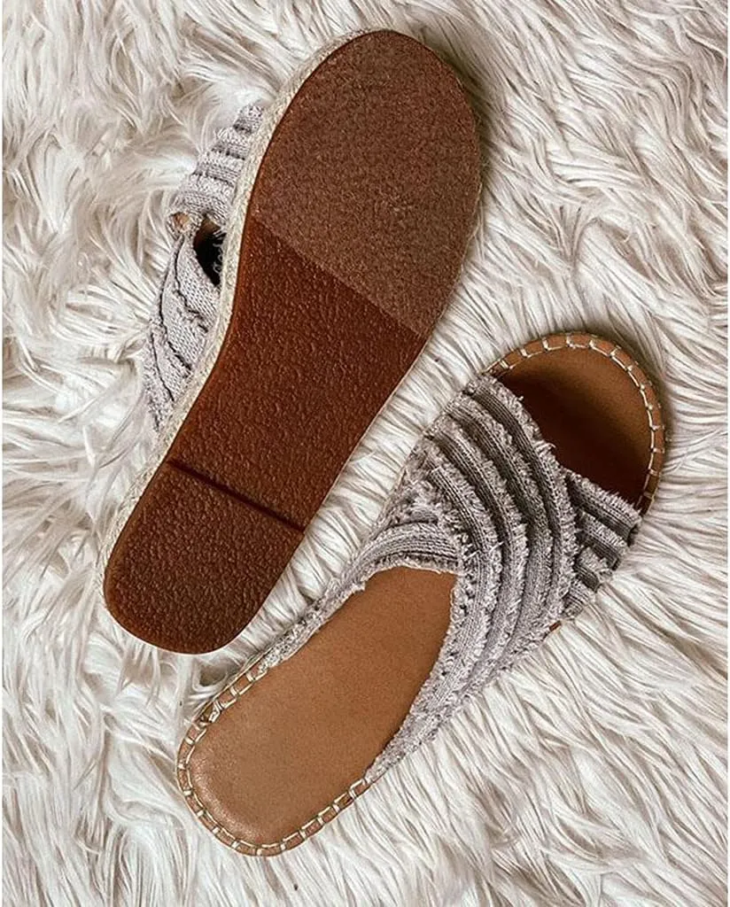 CLEO ESPADRILLE SLIDES- Womens Flat Slide Sandals Open Toe Espadrille Slip On Comfortable Cork leather Sandals