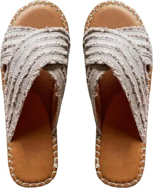 CLEO ESPADRILLE SLIDES- Womens Flat Slide Sandals Open Toe Espadrille Slip On Comfortable Cork leather Sandals