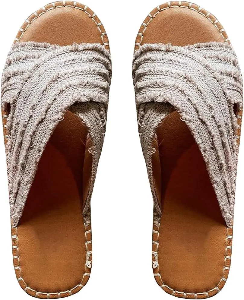 CLEO ESPADRILLE SLIDES- Womens Flat Slide Sandals Open Toe Espadrille Slip On Comfortable Cork leather Sandals