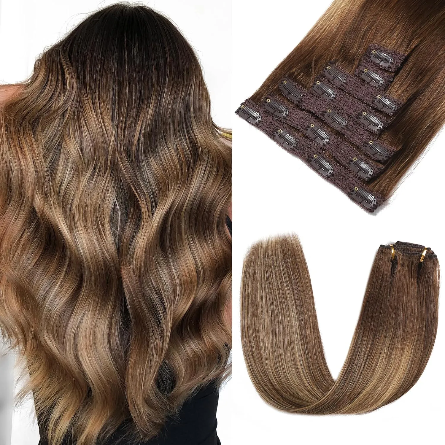 Clip in Hair Extensions Real Human Hair - 120g 20 Inch 7pcs, Ombre Chocolate Brown to Caramel Blonde Balayage - Soft Remy Human Hair Clip ins Extensions Straight for Women (20 Inch)