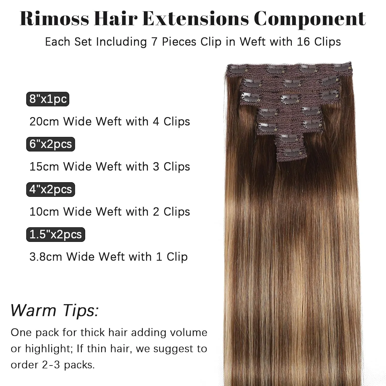 Clip in Hair Extensions Real Human Hair - 120g 20 Inch 7pcs, Ombre Chocolate Brown to Caramel Blonde Balayage - Soft Remy Human Hair Clip ins Extensions Straight for Women (20 Inch)