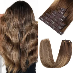 Clip in Hair Extensions Real Human Hair - 120g 20 Inch 7pcs, Ombre Chocolate Brown to Caramel Blonde Balayage - Soft Remy Human Hair Clip ins Extensions Straight for Women (20 Inch)