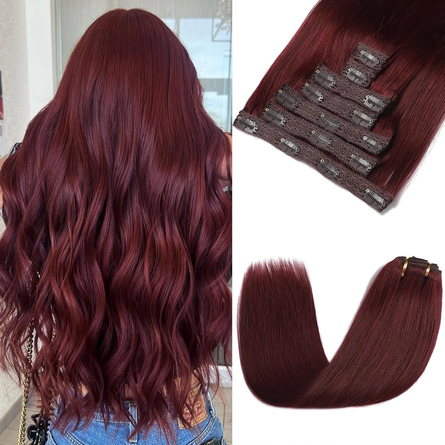 Clip in Hair Extensions Real Human Hair - 20 Inch 120g 7pcs, Burgundy Red Color - Soft Remy Hair Extensions Real Human Hair Clip ins Straight Double Weft for Women (#99J 20 Inch)