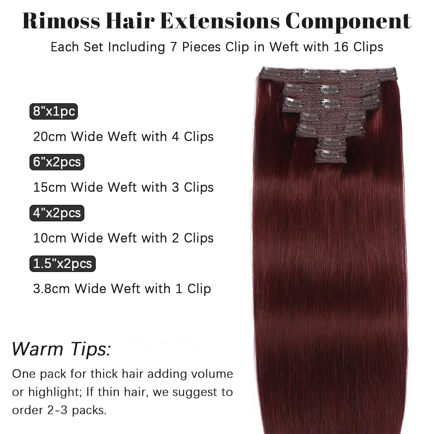 Clip in Hair Extensions Real Human Hair - 20 Inch 120g 7pcs, Burgundy Red Color - Soft Remy Hair Extensions Real Human Hair Clip ins Straight Double Weft for Women (#99J 20 Inch)