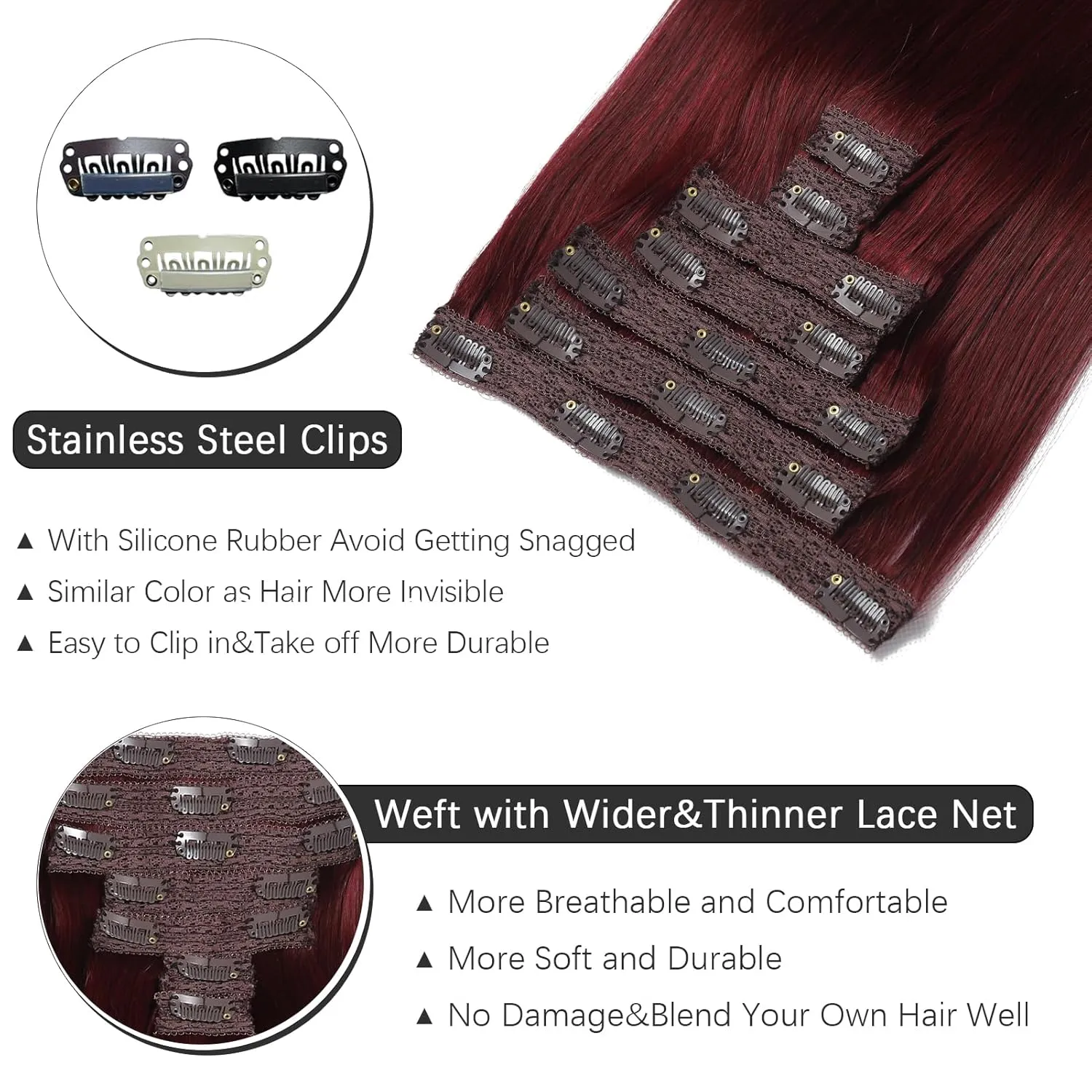 Clip in Hair Extensions Real Human Hair - 20 Inch 120g 7pcs, Burgundy Red Color - Soft Remy Hair Extensions Real Human Hair Clip ins Straight Double Weft for Women (#99J 20 Inch)