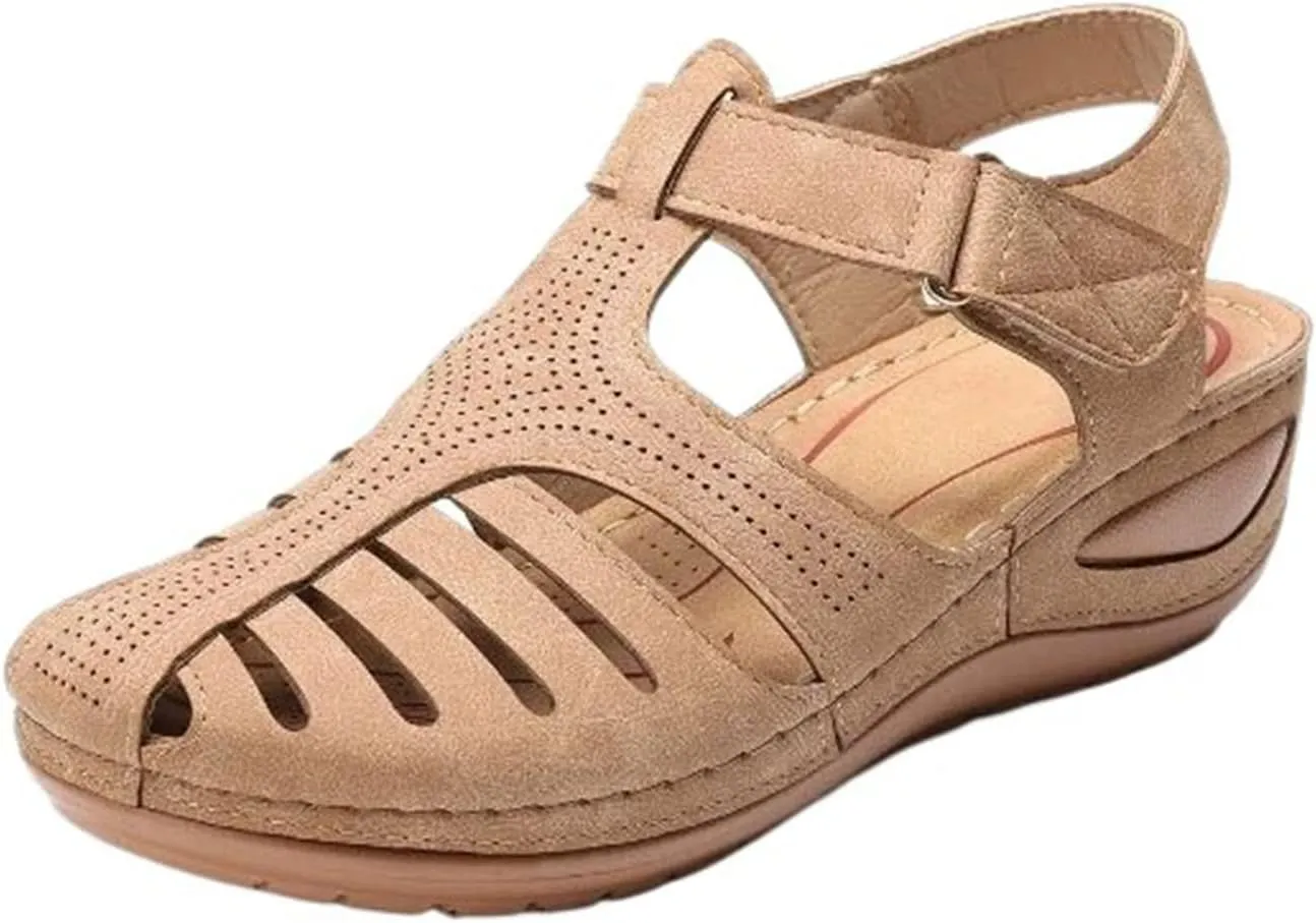 Closed Toe Sandals Women Arch Support Sandals Dressy Summer Ankle Strap Non-Slip Hollow Out Wedge Sandal Beach Shoes