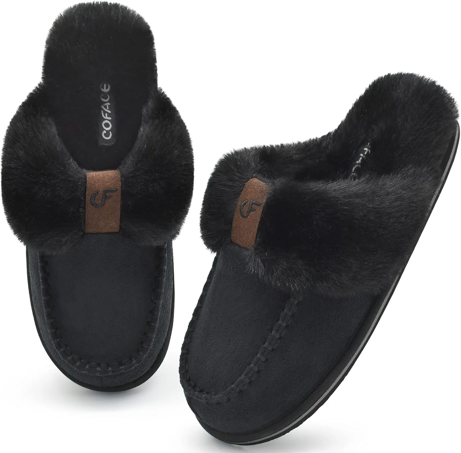 Coface Women's Fluffy Slippers with Cozy Memory Foam, Warm Plush Fur Lined, Arch Support, Indoor/Outdoor
