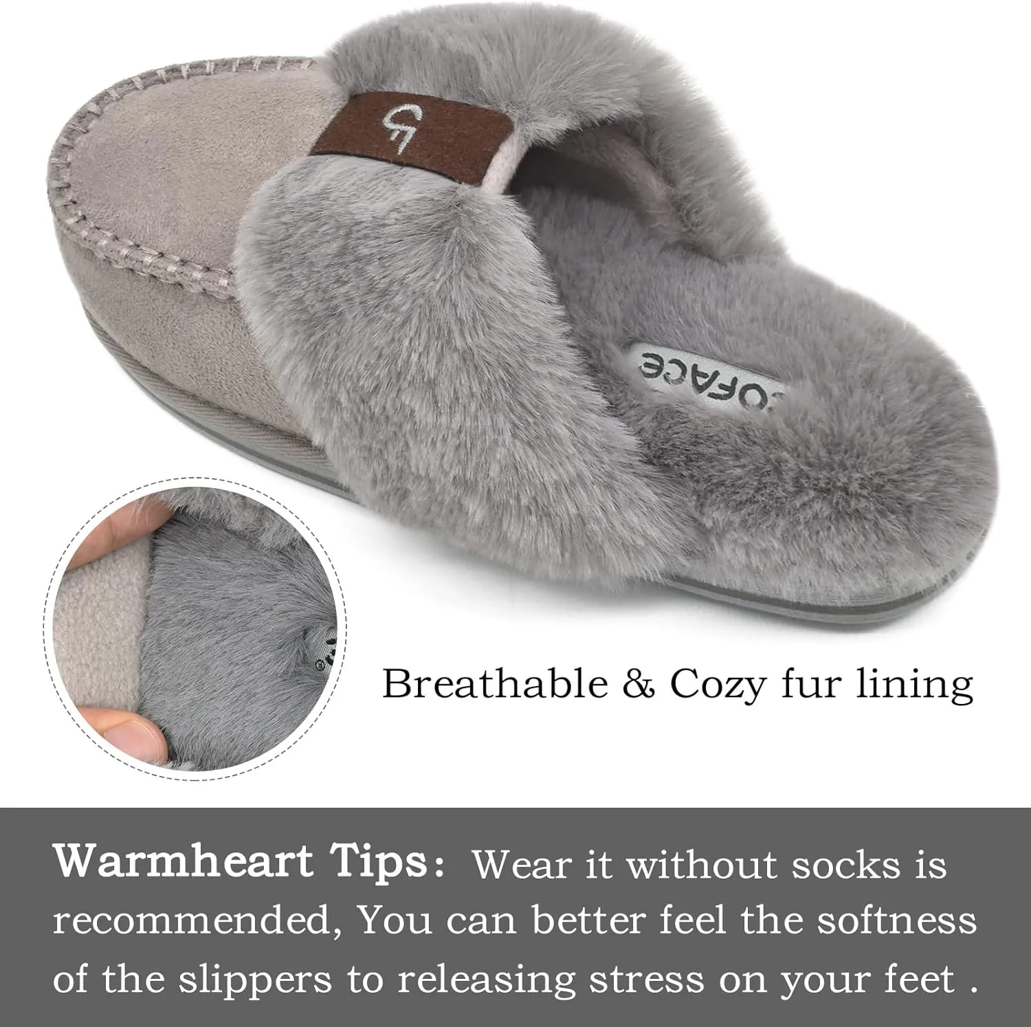 Coface Women's Fluffy Slippers with Cozy Memory Foam, Warm Plush Fur Lined, Arch Support, Indoor/Outdoor