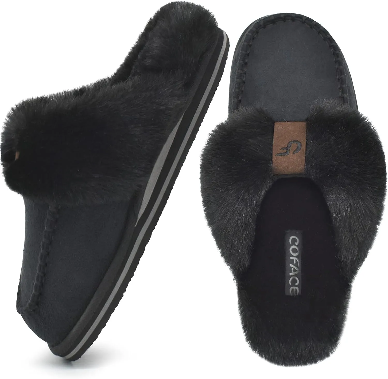 Coface Women's Fluffy Slippers with Cozy Memory Foam, Warm Plush Fur Lined, Arch Support, Indoor/Outdoor