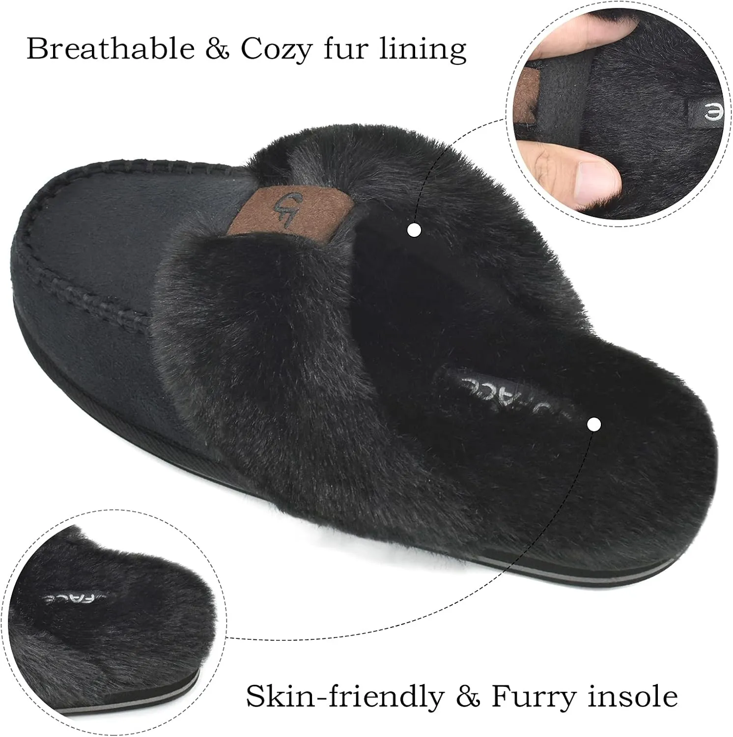 Coface Women's Fluffy Slippers with Cozy Memory Foam, Warm Plush Fur Lined, Arch Support, Indoor/Outdoor