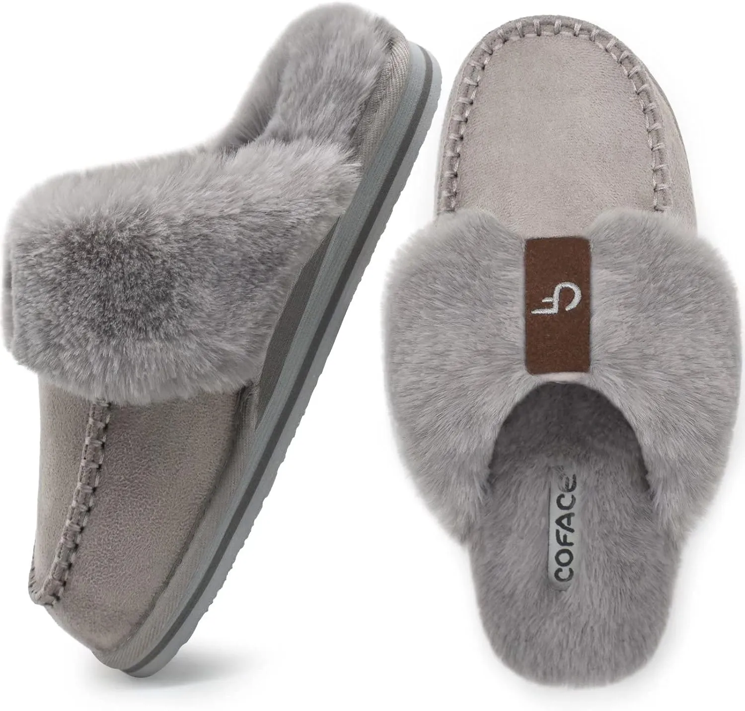 Coface Women's Fluffy Slippers with Cozy Memory Foam, Warm Plush Fur Lined, Arch Support, Indoor/Outdoor