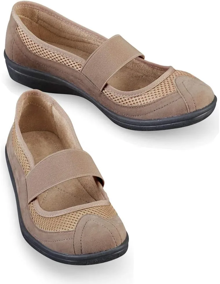Collections Etc Sporty Stretch Strap Mary Jane Comfort Slip-on Shoes, Microsuede Mesh Uppers, Insoles