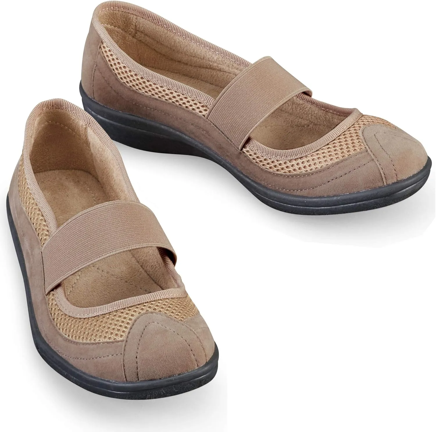 Collections Etc Sporty Stretch Strap Mary Jane Comfort Slip-on Shoes, Microsuede Mesh Uppers, Insoles