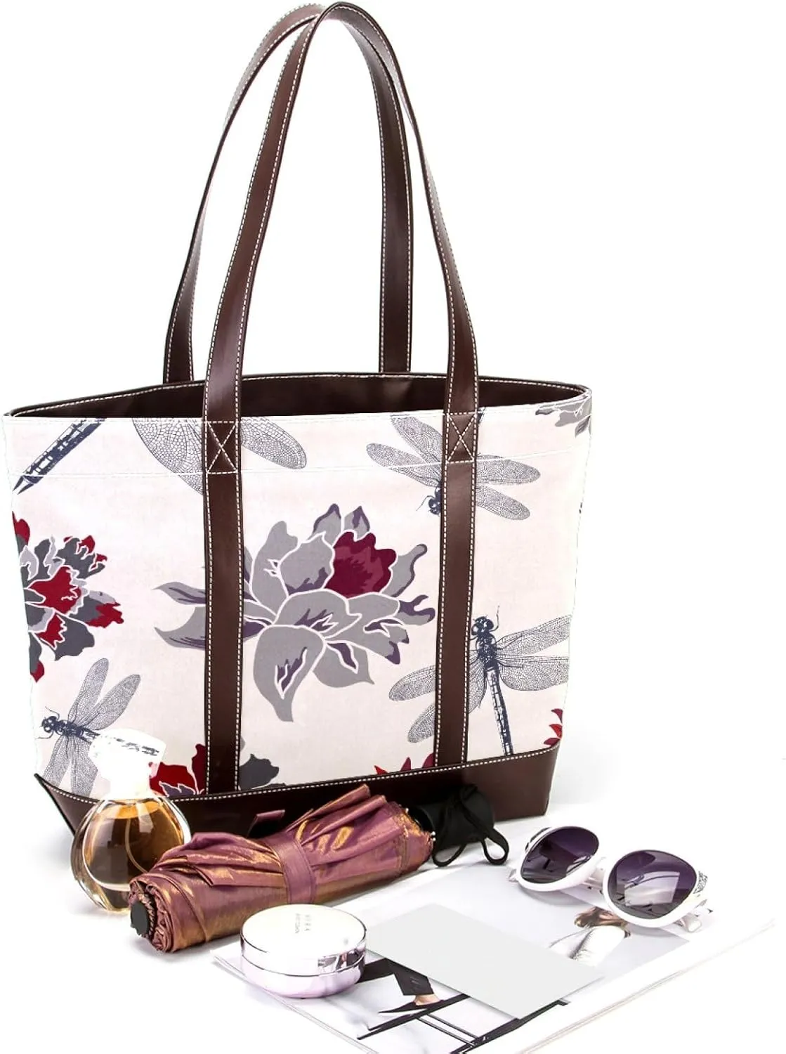 Colorful Dragonfly Shoulder Purses for Women Large Soft Washed Leather Purses and Durable Handbags