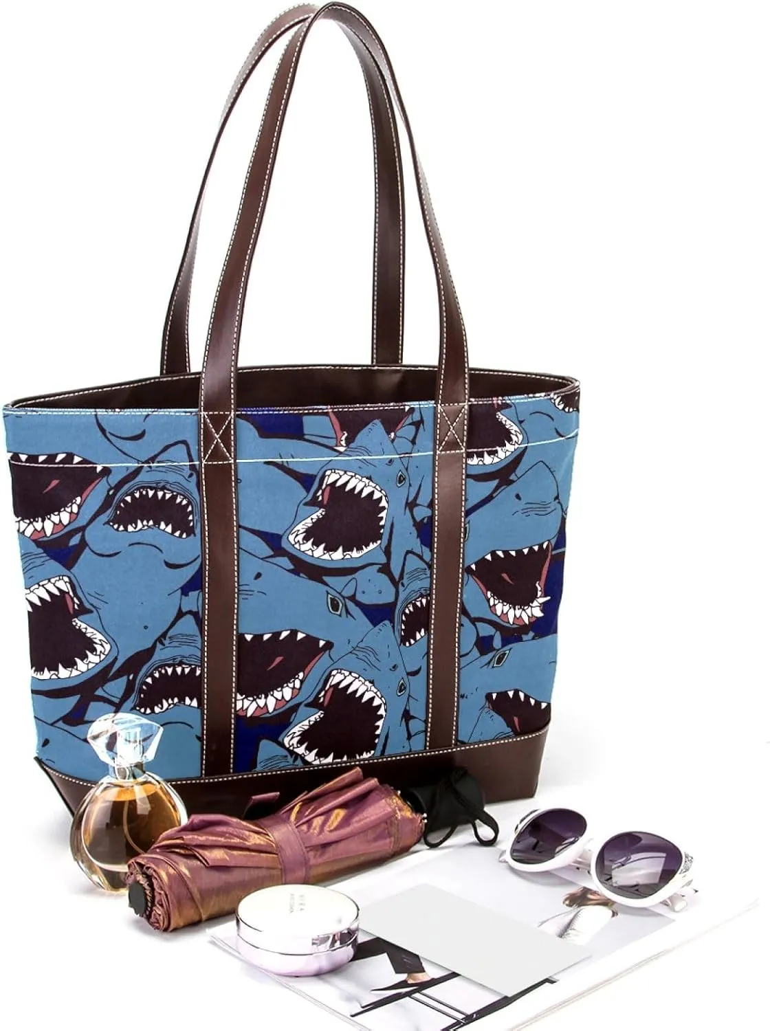 Colorful Ocean Shark Shoulder Purses for Women Large Soft Washed Leather Purses and Durable Handbags