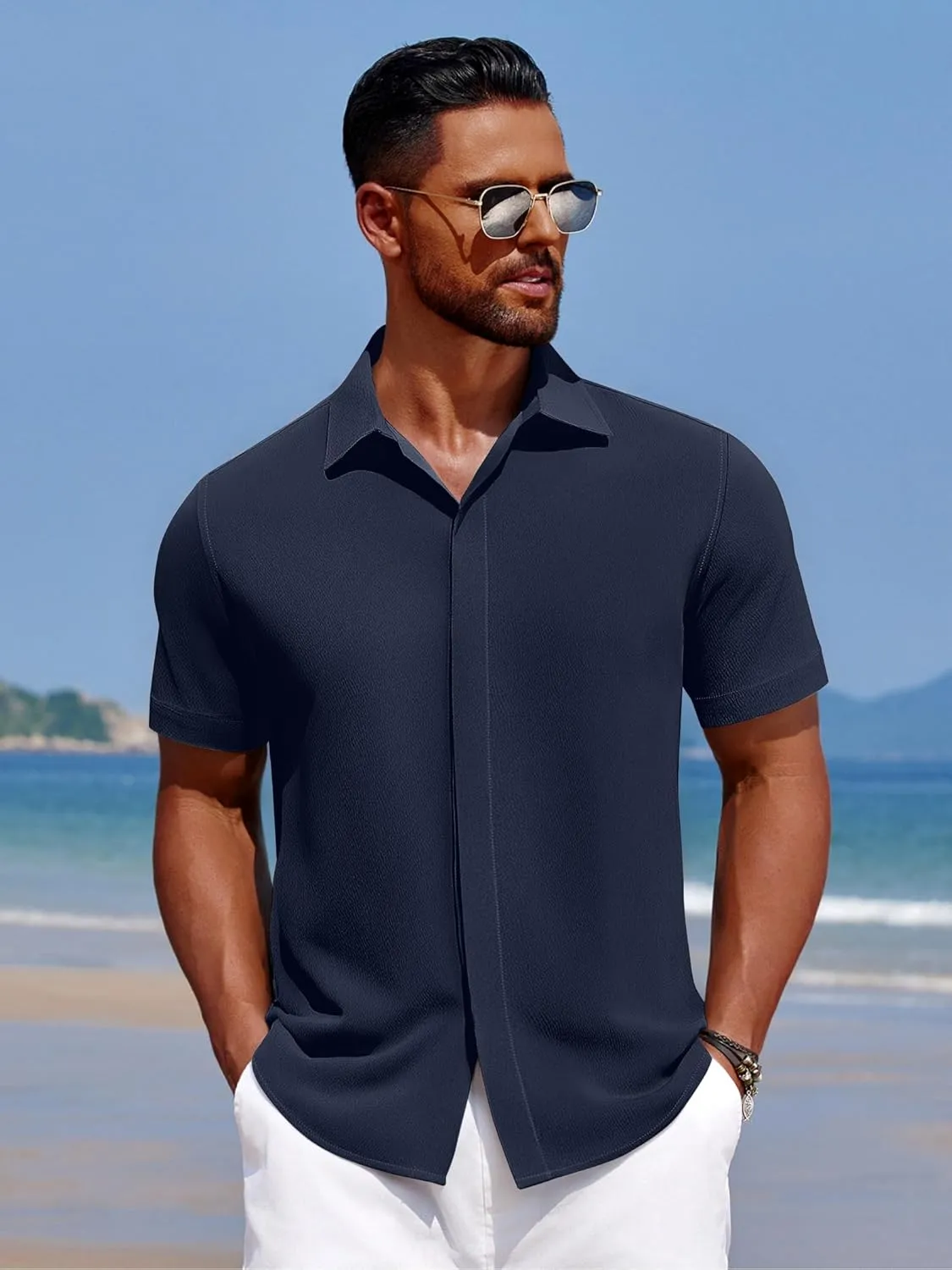 COOFANDY Men's Casual Short Sleeve Button Down Summer Beach Shirt Lightweight Textured Wrinkle Free Stretch Shirts
