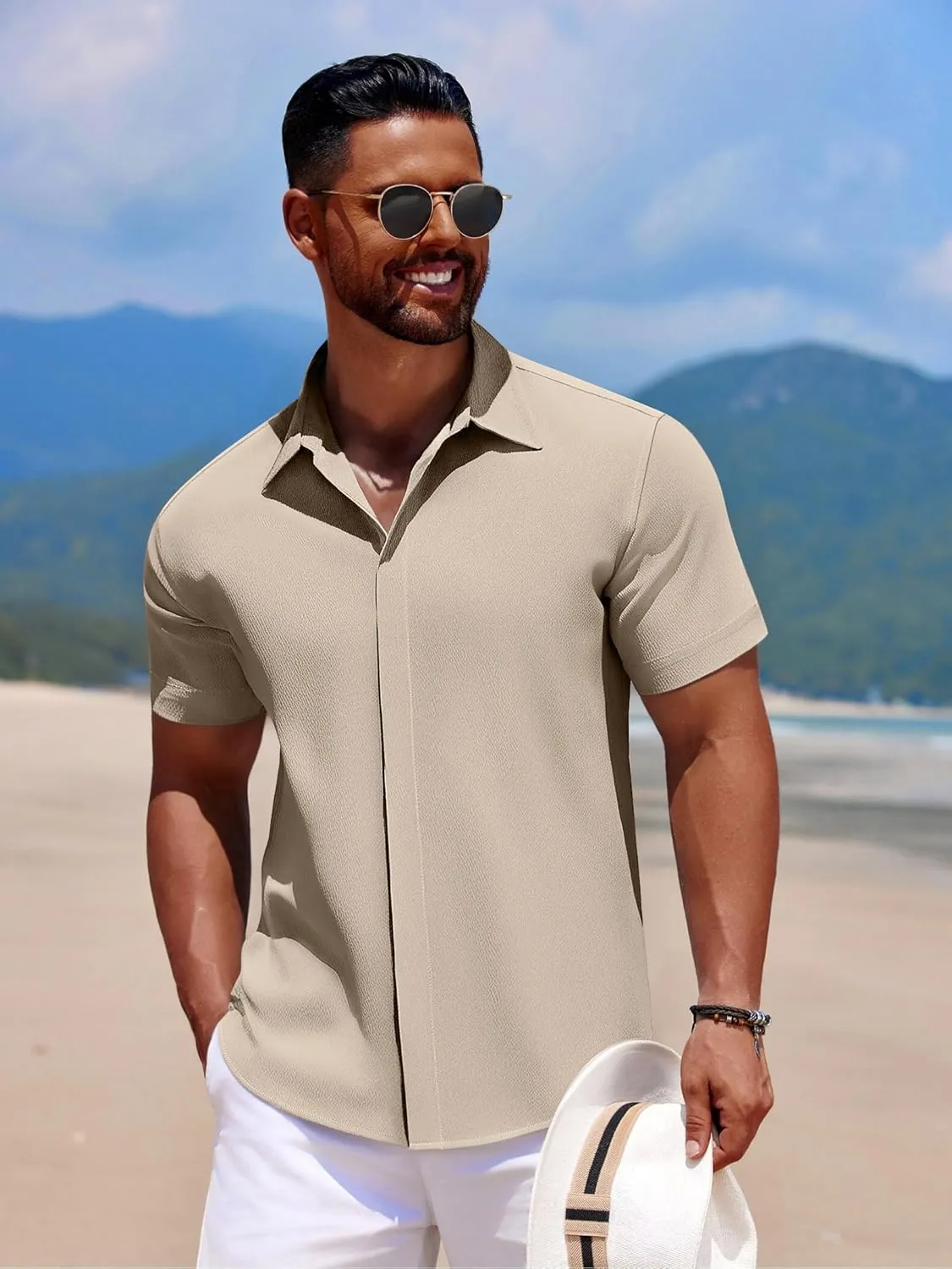 COOFANDY Men's Casual Short Sleeve Button Down Summer Beach Shirt Lightweight Textured Wrinkle Free Stretch Shirts