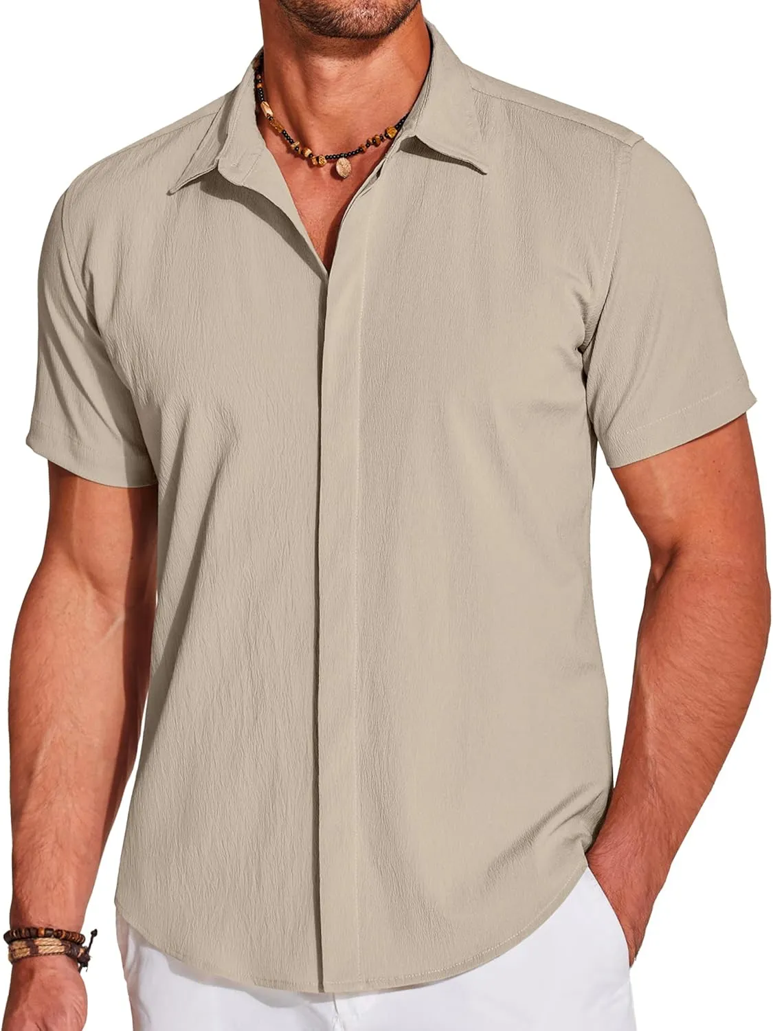 COOFANDY Men's Casual Short Sleeve Button Down Summer Beach Shirt Lightweight Textured Wrinkle Free Stretch Shirts