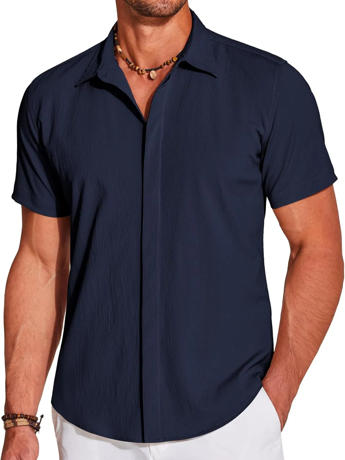 COOFANDY Men's Casual Short Sleeve Button Down Summer Beach Shirt Lightweight Textured Wrinkle Free Stretch Shirts