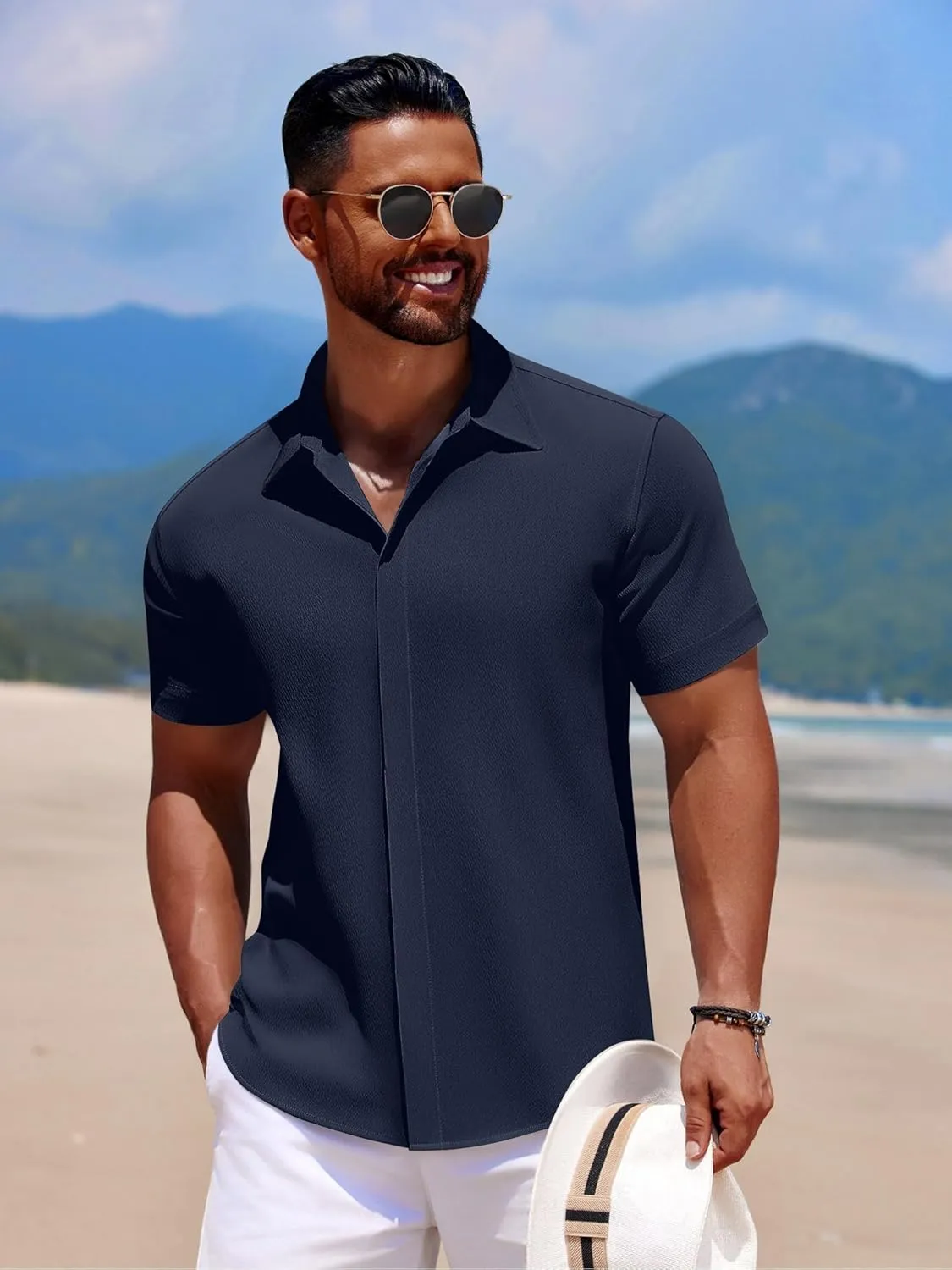 COOFANDY Men's Casual Short Sleeve Button Down Summer Beach Shirt Lightweight Textured Wrinkle Free Stretch Shirts