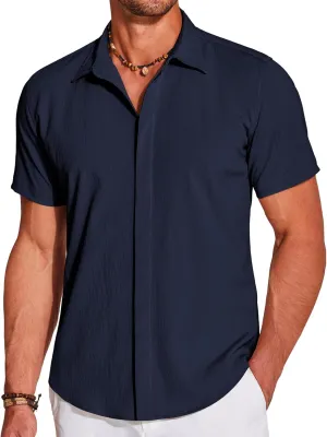 COOFANDY Men's Casual Short Sleeve Button Down Summer Beach Shirt Lightweight Textured Wrinkle Free Stretch Shirts
