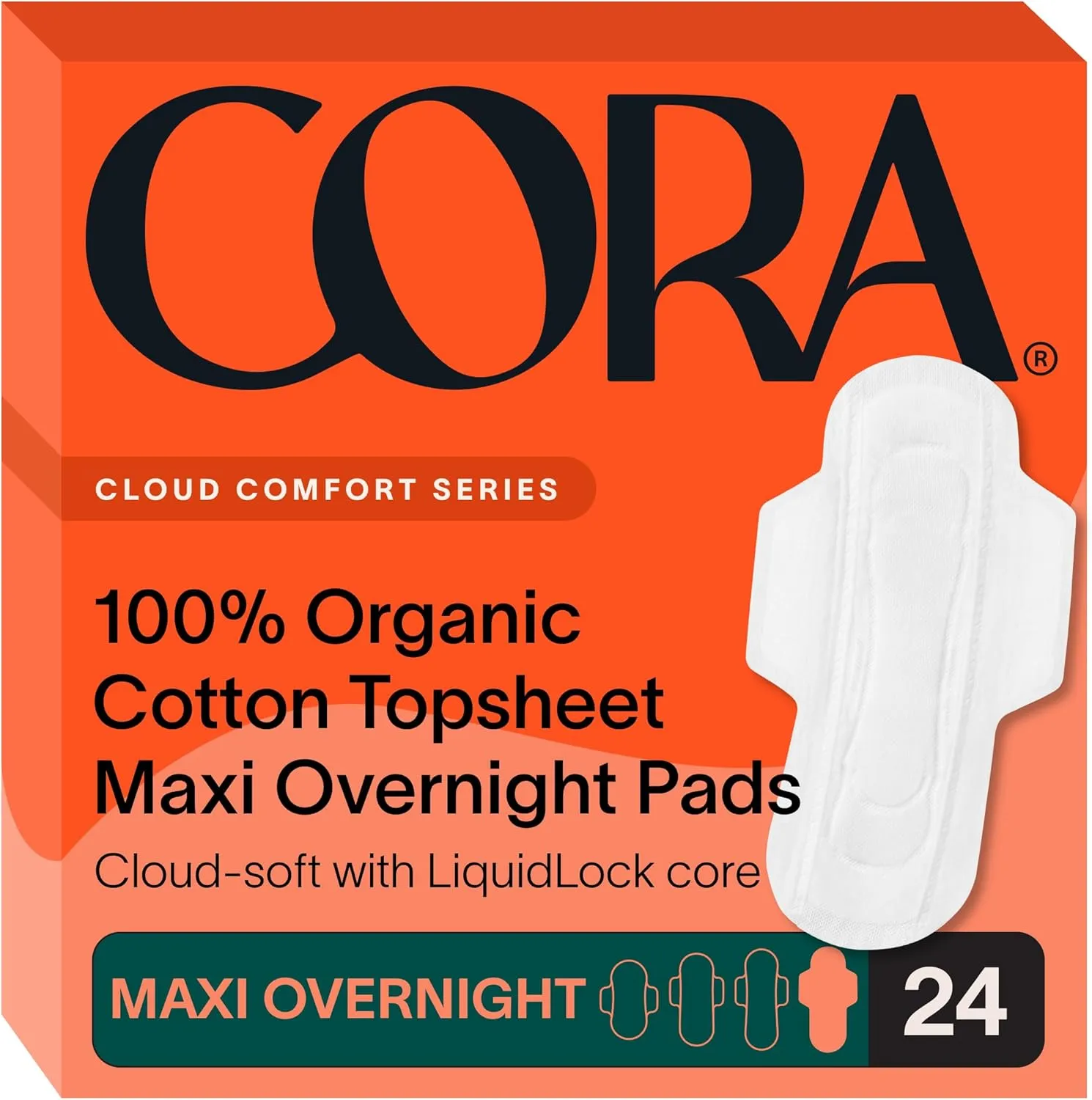 Cora 100% Organic Cotton Topsheet Maxi Pads | Maxi Period Pads with Wings | Maxi Overnight Absorbency | Unscented, Comfortable, Powerfully Absorbent, Leak Protection (24 Count)