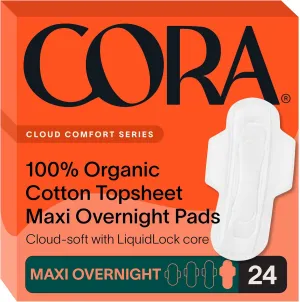 Cora 100% Organic Cotton Topsheet Maxi Pads | Maxi Period Pads with Wings | Maxi Overnight Absorbency | Unscented, Comfortable, Powerfully Absorbent, Leak Protection (24 Count)