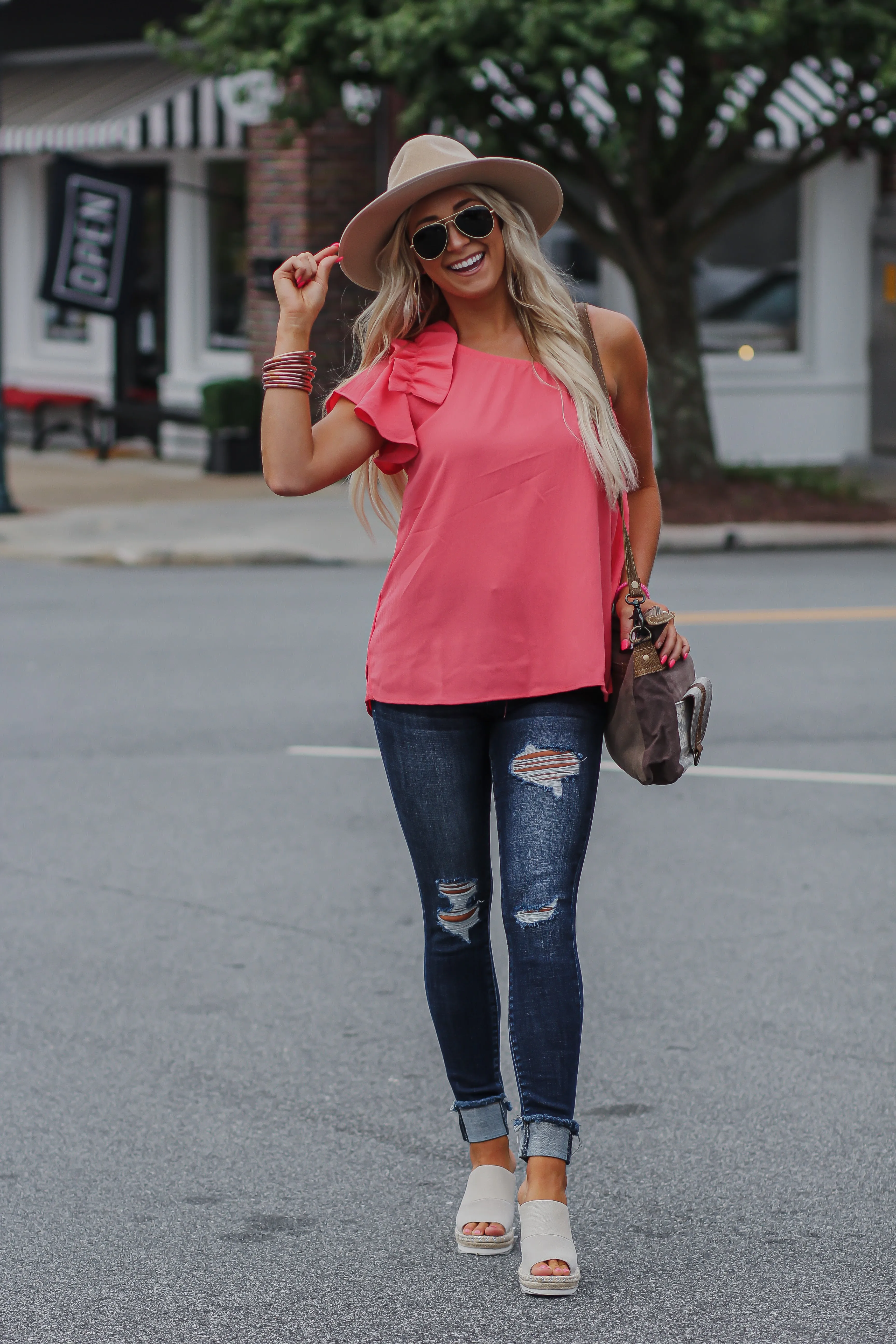 Coral Solid Ruffle One Shoulder Top in Regular & Curvy