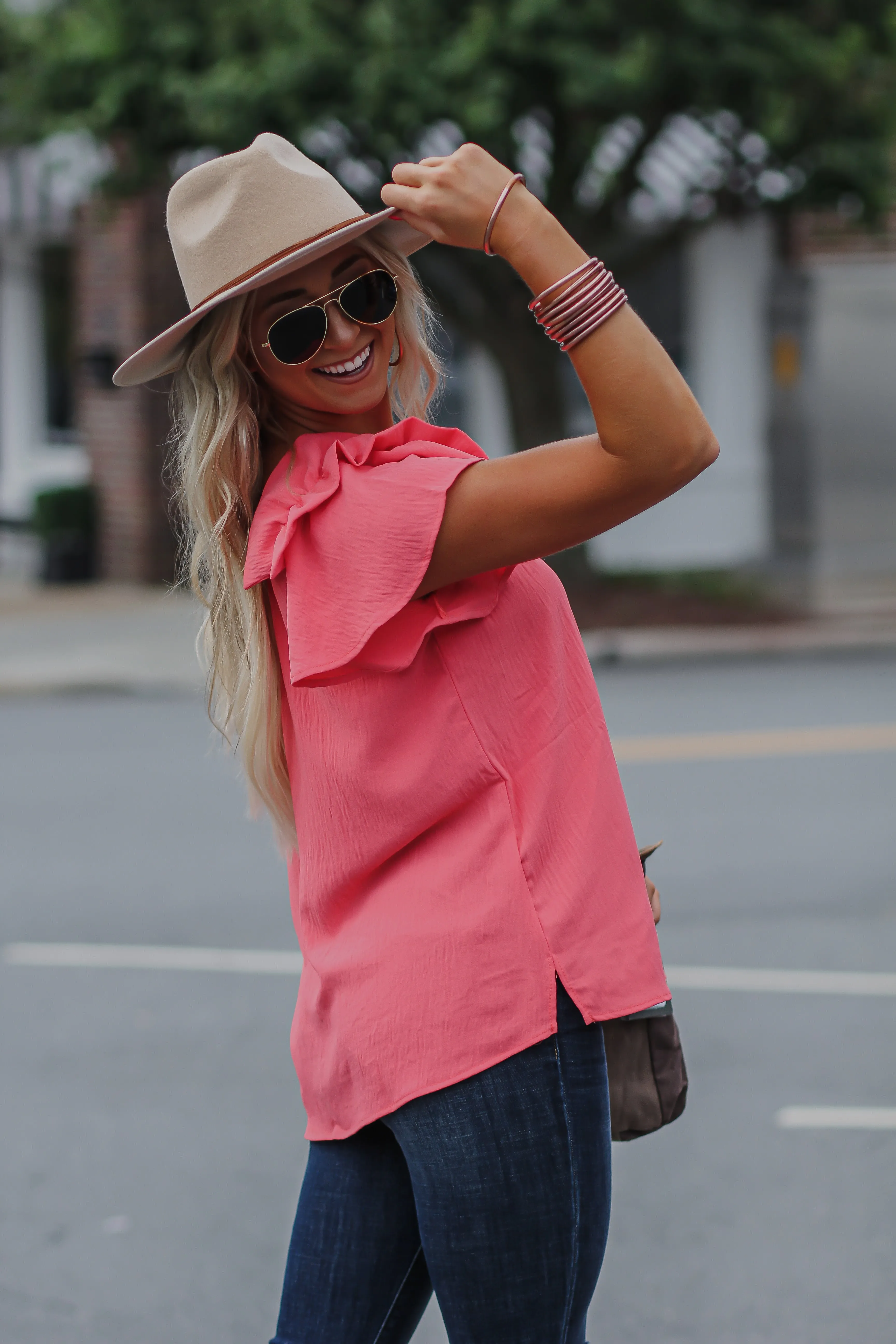 Coral Solid Ruffle One Shoulder Top in Regular & Curvy