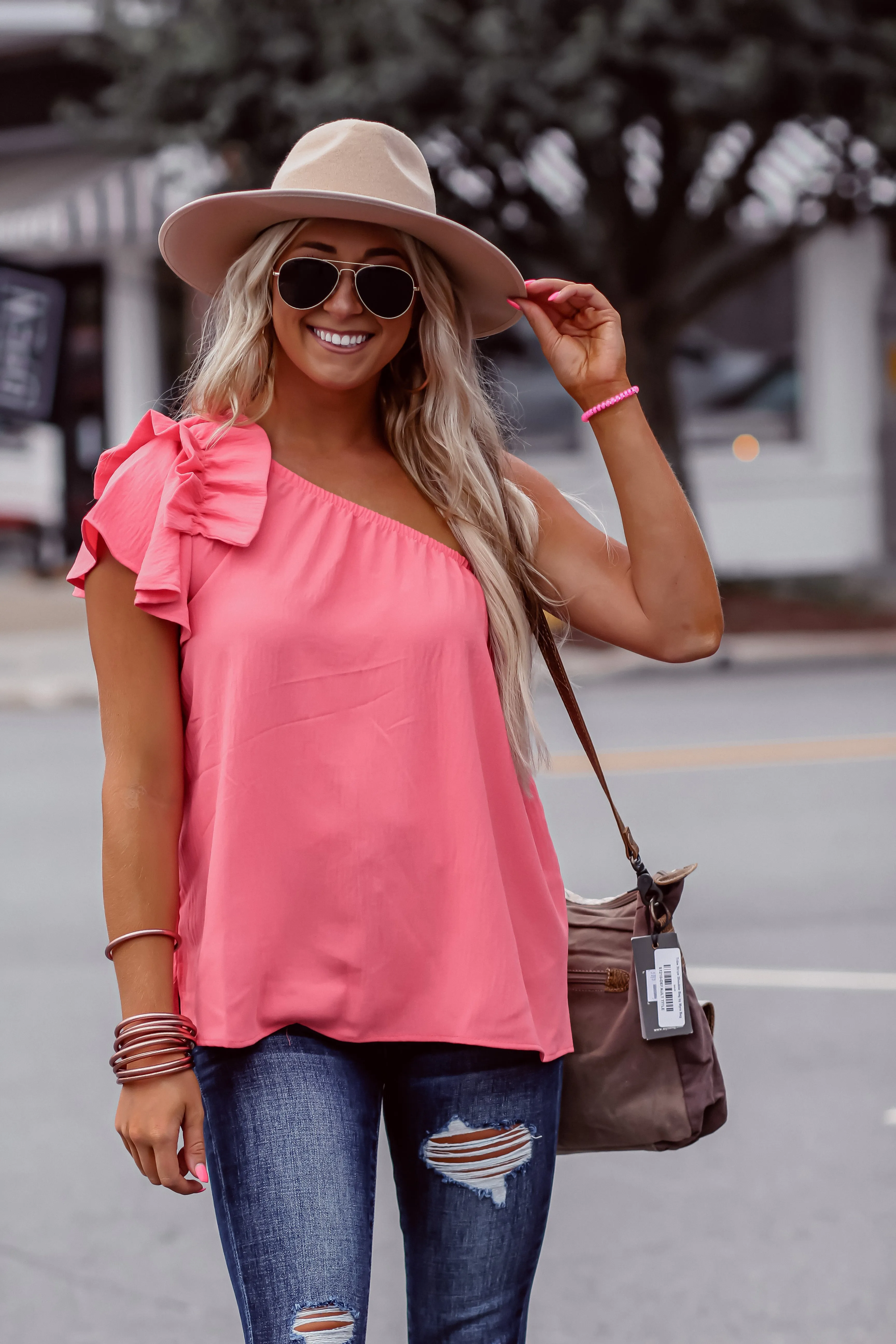 Coral Solid Ruffle One Shoulder Top in Regular & Curvy