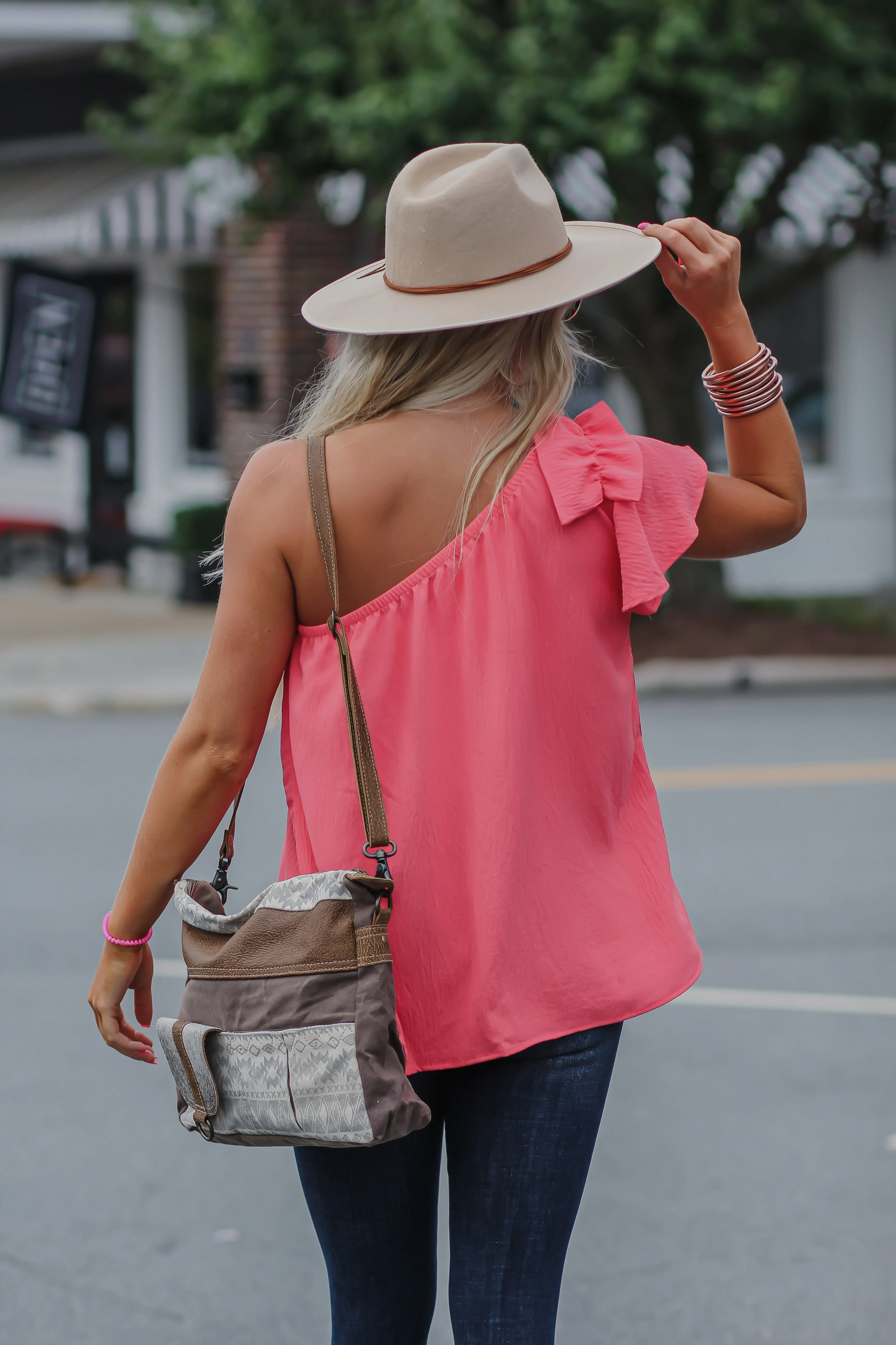 Coral Solid Ruffle One Shoulder Top in Regular & Curvy