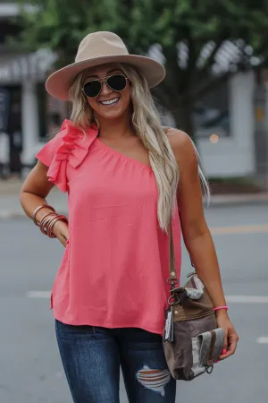 Coral Solid Ruffle One Shoulder Top in Regular & Curvy
