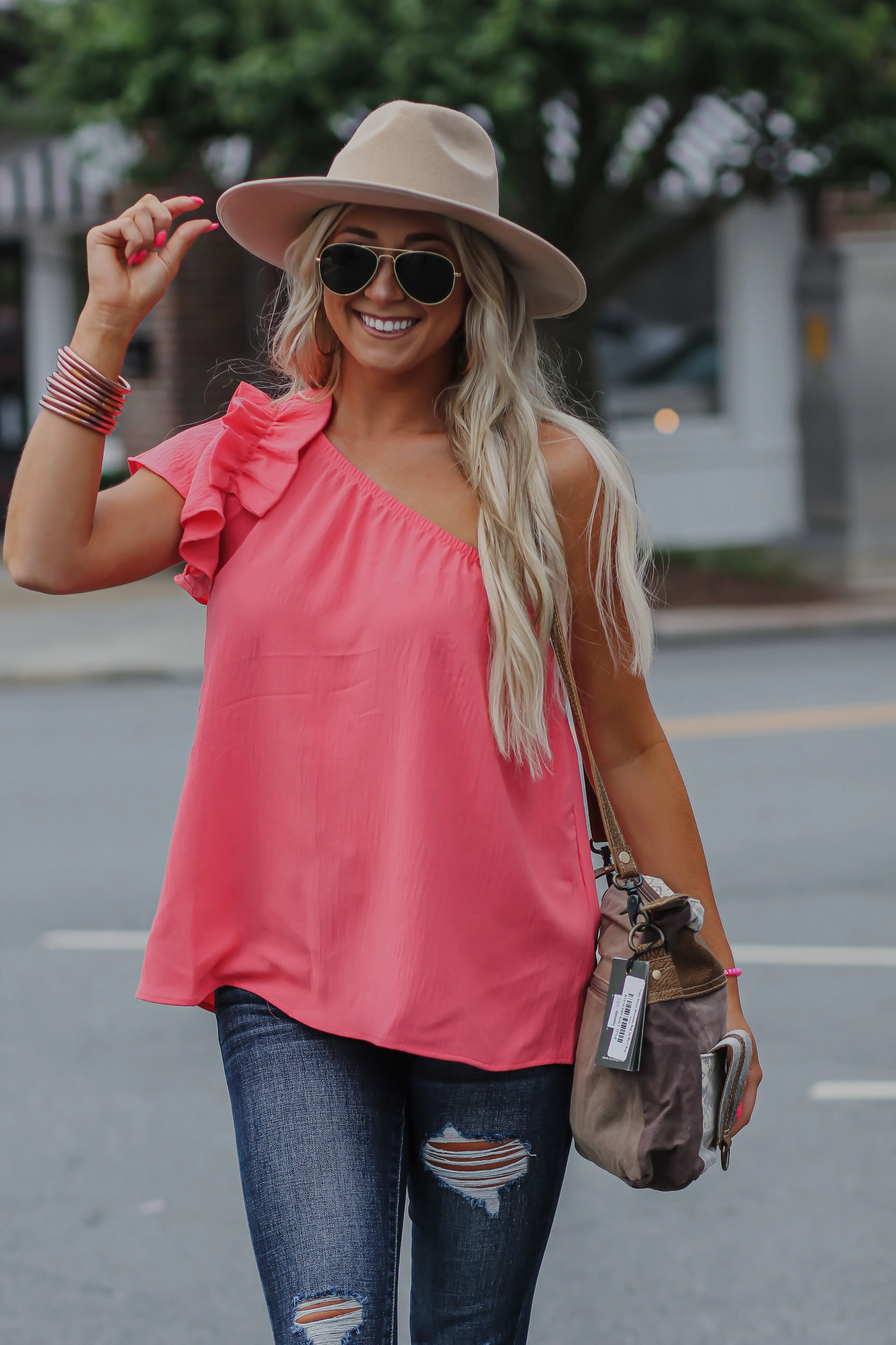 Coral Solid Ruffle One Shoulder Top in Regular & Curvy