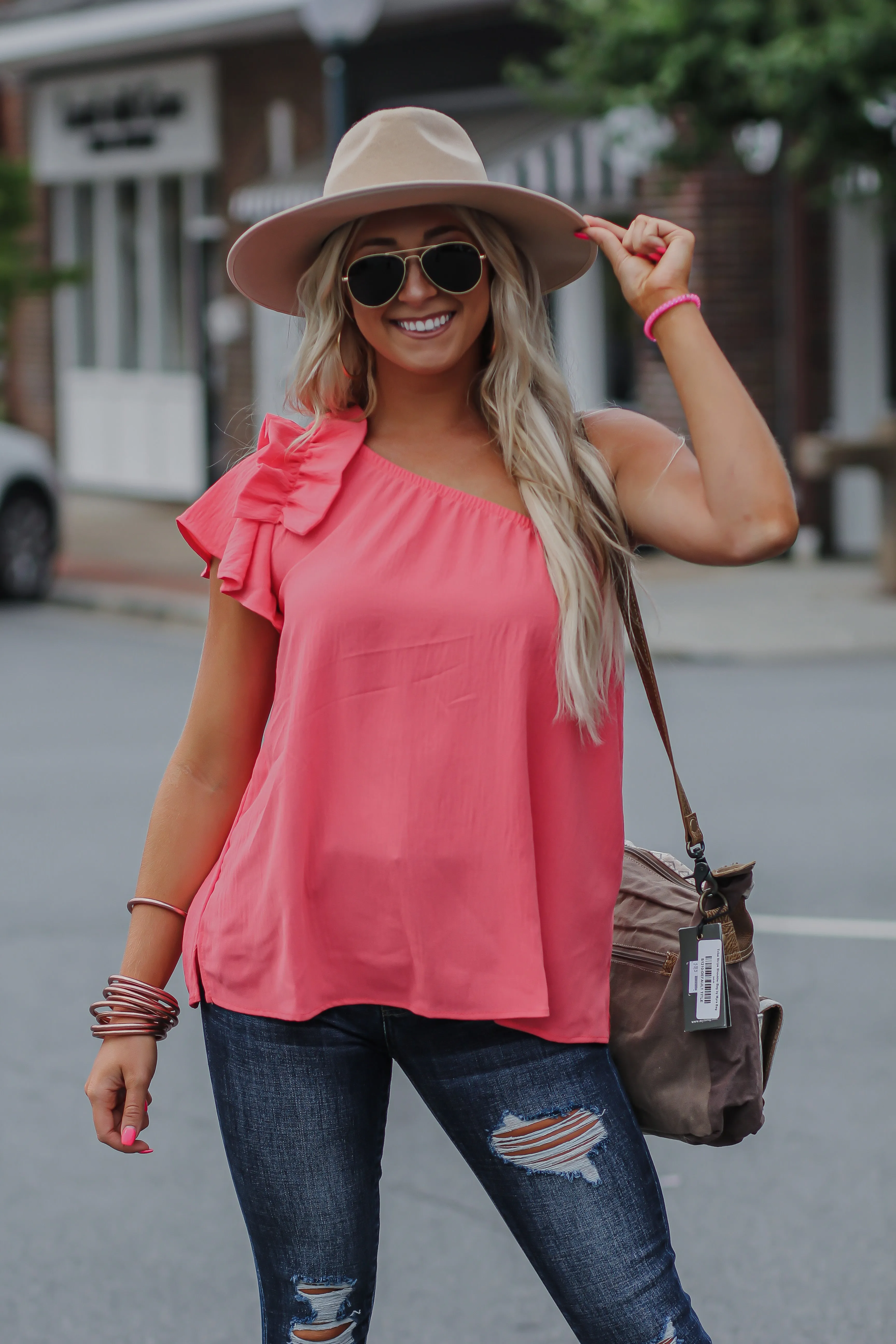 Coral Solid Ruffle One Shoulder Top in Regular & Curvy