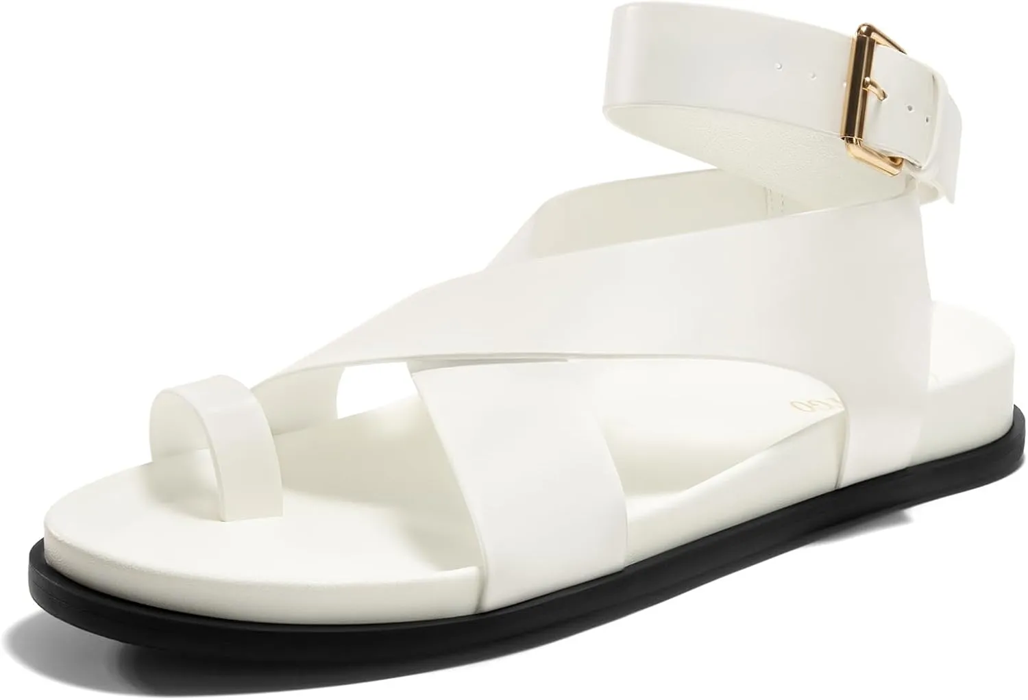 Coutgo Womens Flat Thong Sandals Beach Criss Cross Ankle Buckle Strap Comfortable Footbed Summer Sandal, White, Size 7.5