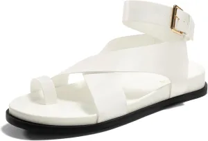 Coutgo Womens Flat Thong Sandals Beach Criss Cross Ankle Buckle Strap Comfortable Footbed Summer Sandal, White, Size 7.5