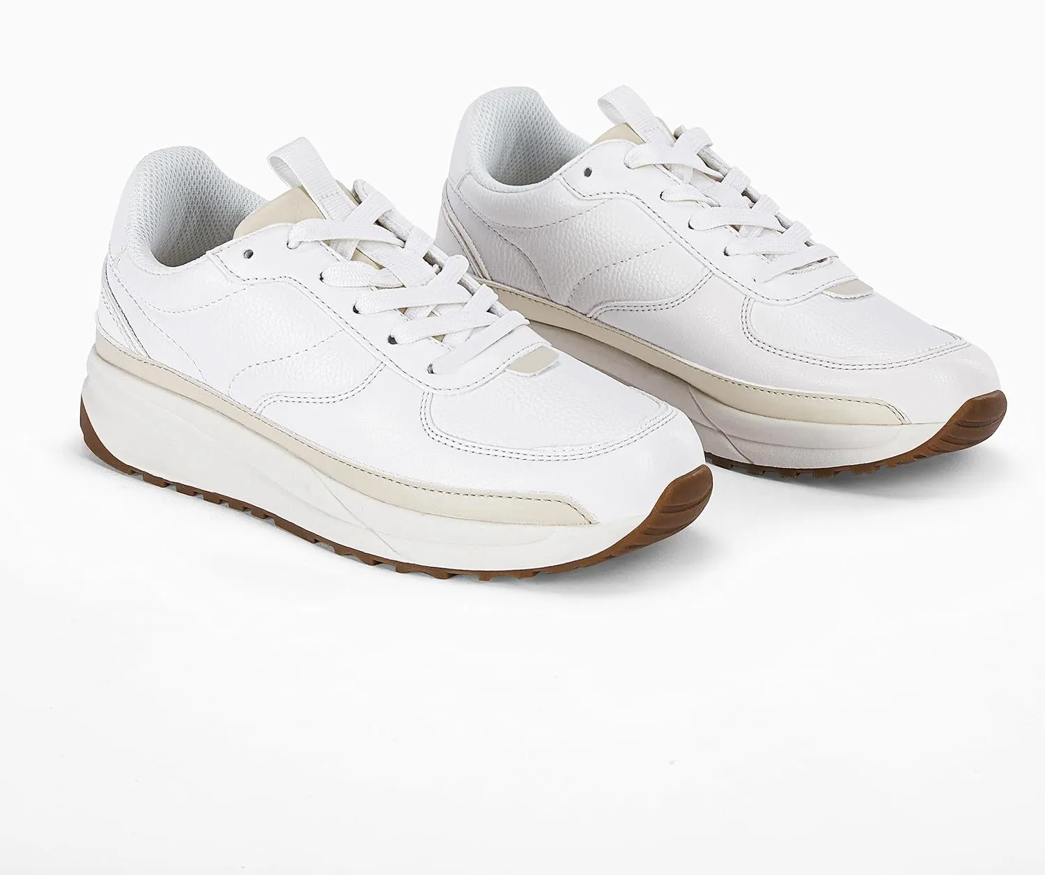 Coutgo Womens Lace Up Platform Sneakers Trendy Athletic Tennis Faux Leather Suede Neutral Comfortable Walking Shoes