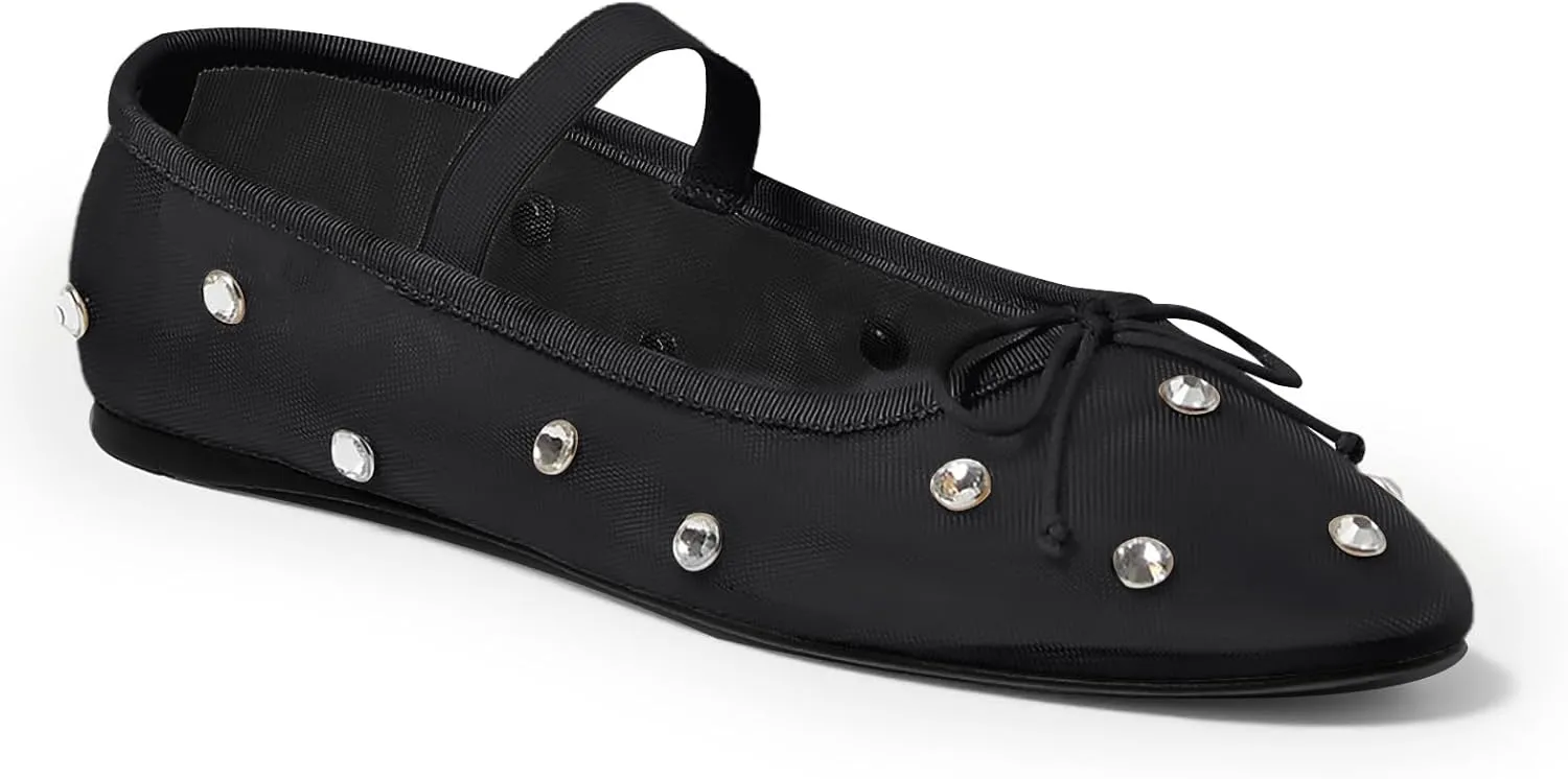Coutgo Womens Mesh Ballet Flats Crystal Rhinestone Studded Comfortable Mary Jane Dress Shoes