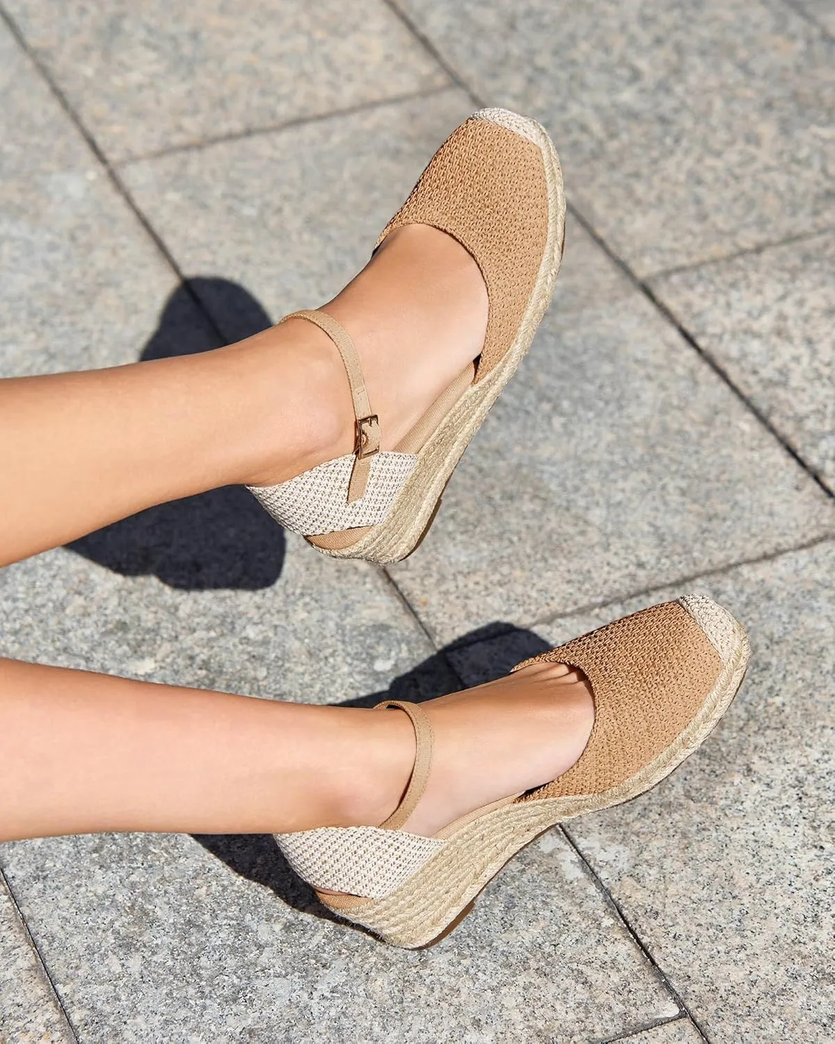 Coutgo Womens Platform Wedge Sandals Espadrilles Raffia Closed Toe Heels Ankle Buckle Strap Summer Beach Shoes
