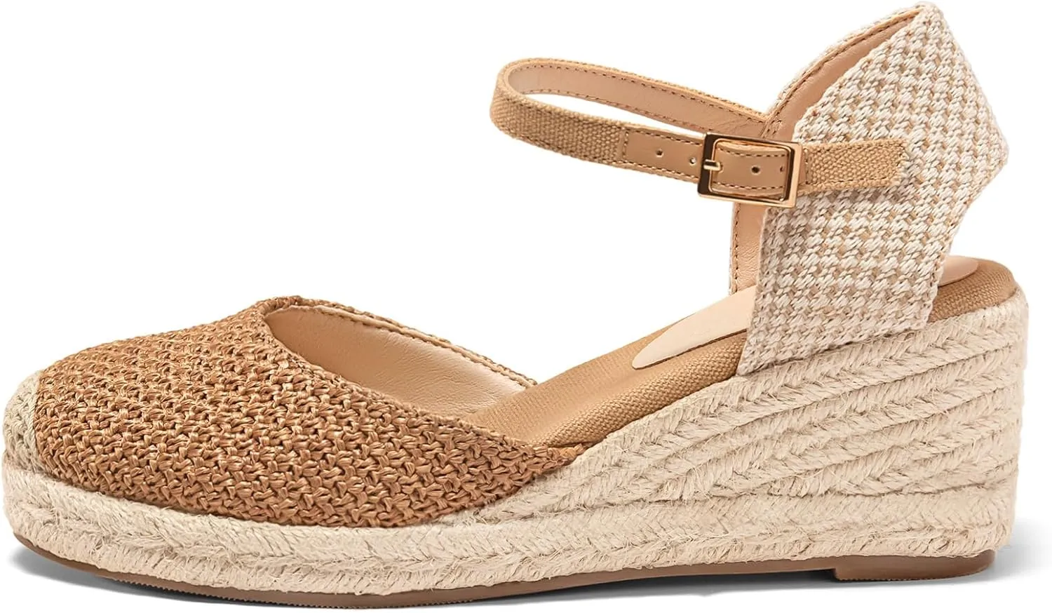 Coutgo Womens Platform Wedge Sandals Espadrilles Raffia Closed Toe Heels Ankle Buckle Strap Summer Beach Shoes